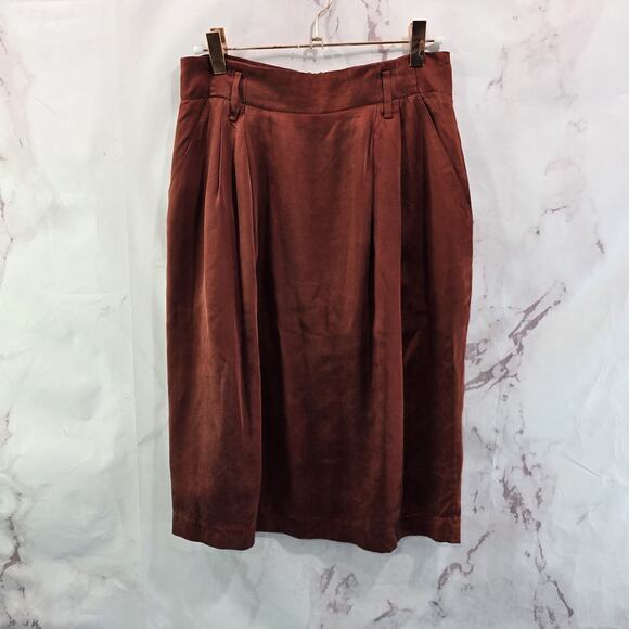 Vintage Silk Skirt Womens 28 8 Burnt Orange Rist High Rise Belt Loops Knee - Picture 1 of 12